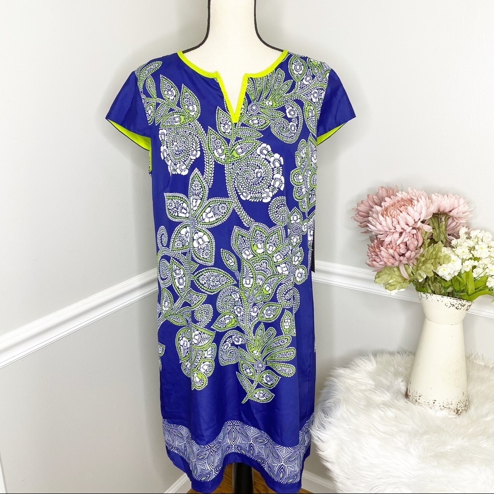 - LUXOLOGY Blue Green Cap Sleeve Sheath Dress